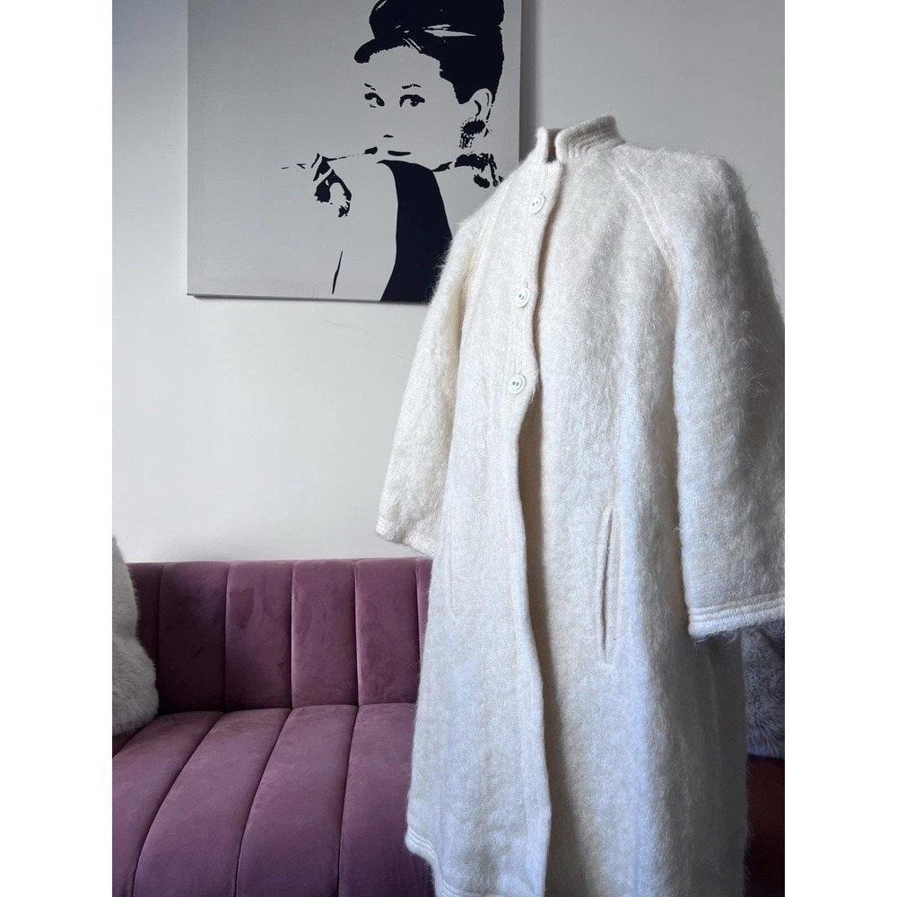 Donegal Design Vintage Mohair Wool Coat Handwoven Ireland White XL 60s 70s‎